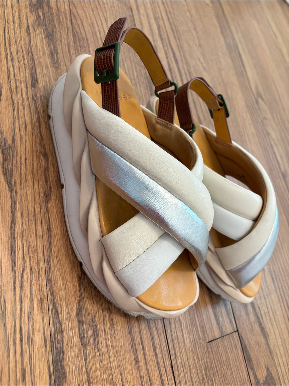 4cccees Cream and Silver Crossband Platform Sandals with Brown Ankle Strap